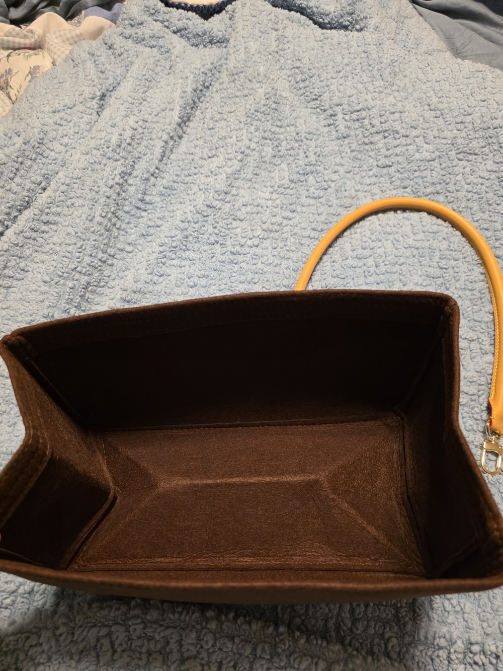 Structured Brown Handbag Organizer with Yellow Strap